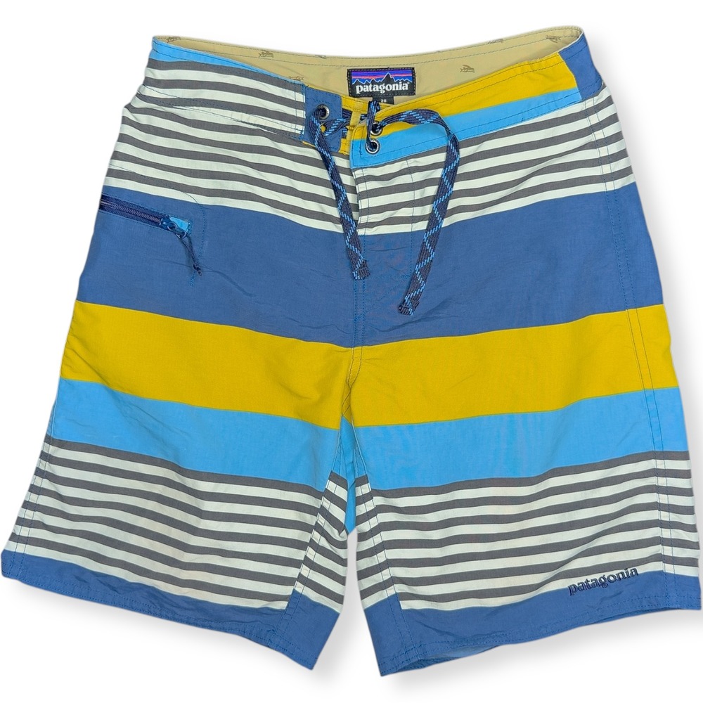 Patagonia Wavefarer Board Shorts Men's Size 28 Yurt Yellow Fitz Stripe STY 86621